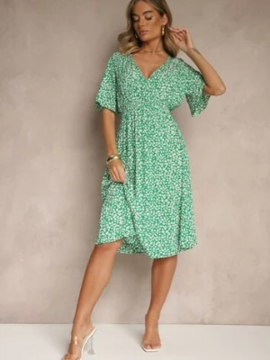 Zielona Rozkloszowana Sukienka z Bawełny Zdobiona Kwiatowym Printem Arirelle defox
