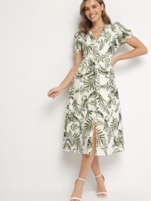 Zielona Rozkloszowana Sukienka z Dekoltem w Serek Zdobiona Roślinnym Wzorem Evilirae rosa