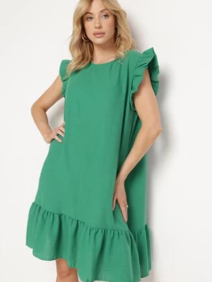 Zielona Rozkloszowana Sukienka z Falbanką na Dole i przy Rękawach Biojara