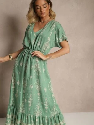 Zielona Rozkloszowana Sukienka z Falbanką w Print Boho z Wiskozą Tunova h&s