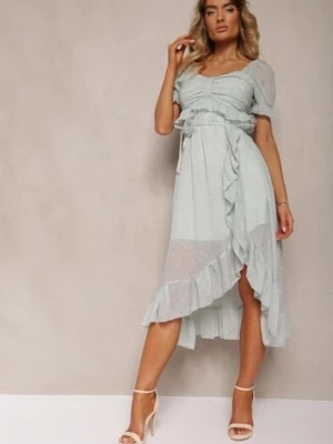 Zielona Rozkloszowana Sukienka z Falbankami i Bufiastymi Rękawami Zdobiona Broszką Simadea elsa.m by may