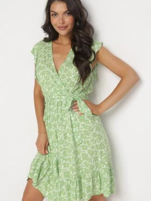 Zielona Rozkloszowana Sukienka z Falbankami i Wiązanym Paskiem Jemoti