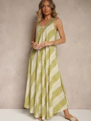 Zielona Rozkloszowana Sukienka z Geometrycznym Wzorem Lumire h&s