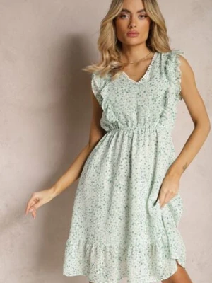 Zielona Rozkloszowana Sukienka z Gumką w Pasie i Falbankami Ulaia rosa