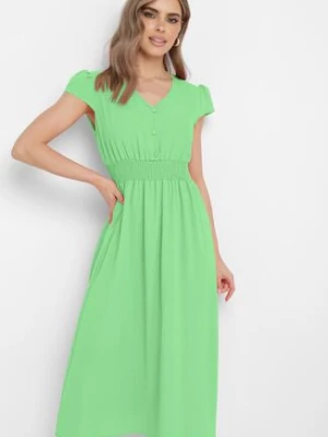Zielona Rozkloszowana Sukienka z Gumką w Pasie Ozdobiona Guzikami Timaxre