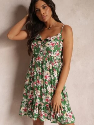 Zielona Rozkloszowana Sukienka z Guzikami w Kwiaty z Wiskozy Serilda cflo