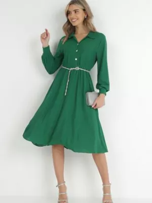 Zielona Rozkloszowana Sukienka z Koszulową Górą Rade