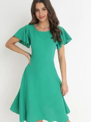 Zielona Rozkloszowana Sukienka z Krótkim Rękawem i Okrągłym Dekoltem Mazima