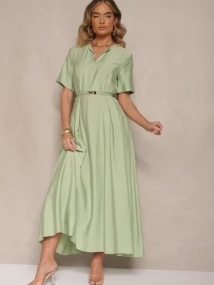 Zielona Rozkloszowana Sukienka z Lnu i Wiskozy z Paskiem ze Sprzączką Linoretia unigirl