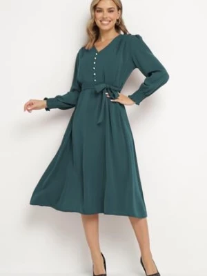 Zielona Rozkloszowana Sukienka z Ozdobnymi Guzikami i Wiązanym Paskiem Annorael made in italy
