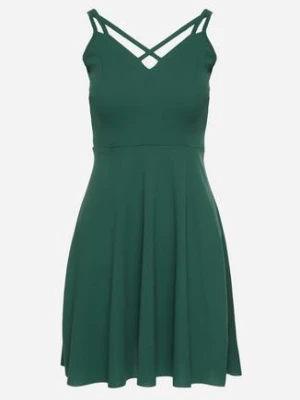 Zielona Rozkloszowana Sukienka z Ozdobnymi Paskami Redaina