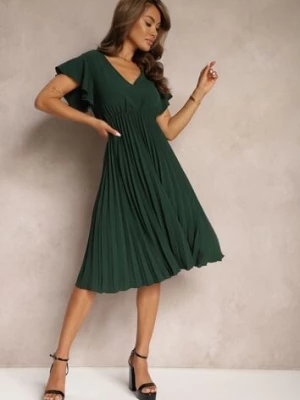 Zielona Rozkloszowana Sukienka z Plisami i Dekoltem w V Rissari new collection