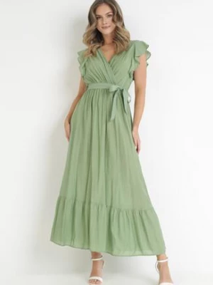 Zielona Rozkloszowana Sukienka z Wiązanym Paskiem Nonru