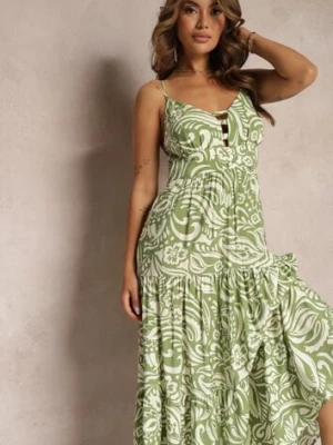 Zielona Rozkloszowana Sukienka z Wiskozą i Bawełną Wykończona Gumką w Talii i Falbanką Dimikka