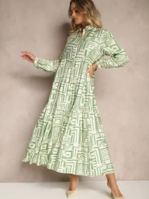 Zielona Rozkloszowana Sukienka z Wiskozą w Geometryczny Print Apirestia rosa