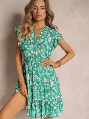 Zielona Rozkloszowana Sukienka z Wiskozy i Falbankami Brindisi cflo