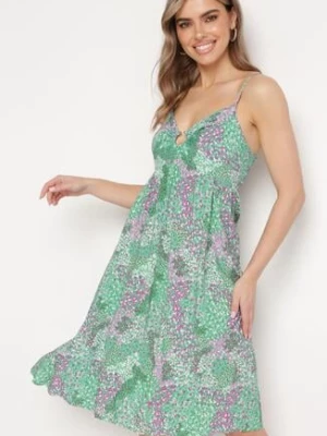 Zielona Rozkloszowana Sukienka z Wiskozy na Cienkich Ramiączkach z Gumką z Tyłu Vasina cflo