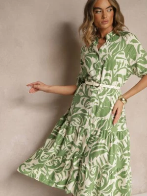 Zielona Rozkloszowana Sukienka z Wiskozy Ozdobiona Falbaną Filesenia j&x