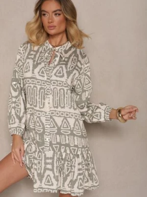 Zielona Rozkloszowana Sukienka z Wiskozy w Etniczny Print z Wiązaniem z Frędzlami Ravpio m&d fashion