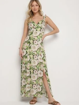 Zielona Rozkloszowana Sukienka z Wiskozy w Kwiatowym Wzór Redeelle rosa