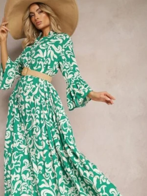 Zielona Rozkloszowana Sukienka z Wiskozy w Ornamentalny Wzór Irlilena