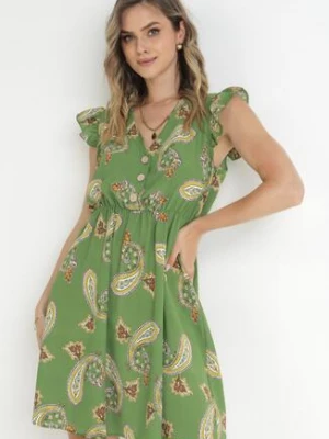 Zielona Rozkloszowana Sukienka z Wiskozy we Wzór Paisley Marinetta