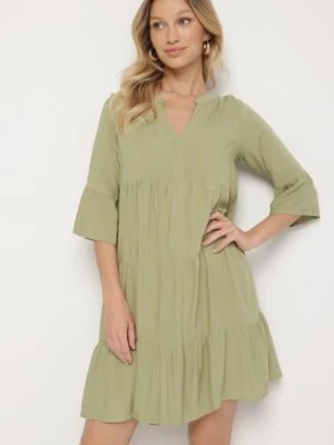 Zielona Rozkloszowana Sukienka z Wiskozy z Falbanami Izleia sublevel