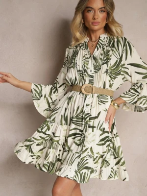 Zielona Rozkloszowana Sukienka z Wiskozy z Falbanami z Motywem Roślinnym Ridivaria M&d Fashion
