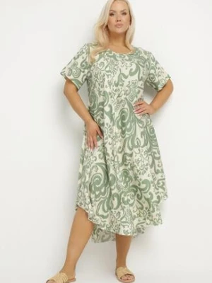 Zielona Rozkloszowana Sukienka z Wiskozy z Geometrycznym Wzorem Emisova j&x