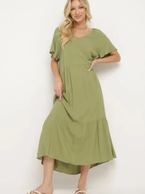 Zielona Rozkloszowana Sukienka z Wiskozy z Krótkim Rękawem Berantia