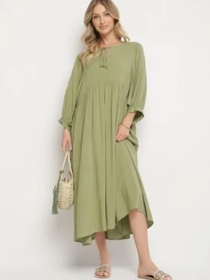 Zielona Rozkloszowana Sukienka z Wiskozy z Wiązaniem przy Dekolcie Tilania h&s