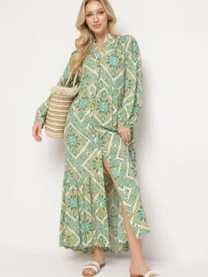 Zielona Rozkloszowana Sukienka z Wiskozy Zapinana na Guziki z Falbanką Nrines belcci