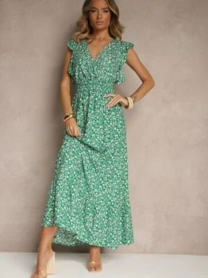 Zielona Rozkloszowana Sukienka Zdobiona Falbanami i Kwiatowym Printem Aravee n.every day