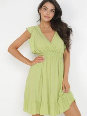 Zielona Rozkloszowana Wiskozowa Sukienka Mini z Ozdobnymi Falbankami Onera