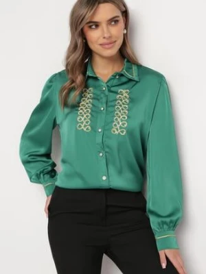 Zielona Satynowa Koszula z Kołnierzykiem Ozdobiona Cyrkoniami i Perełkami Classa elsa.m by may