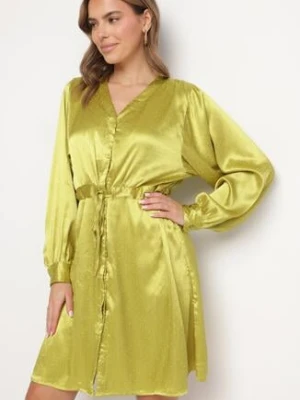 Zielona Satynowa Sukienka Koszulowa z Paskiem i Cyrkoniami Poledia unigirl