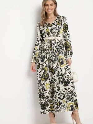 Zielona Satynowa Sukienka Maxi w Ornamentalny Wzór z Gumką w Talii Lainare belcci