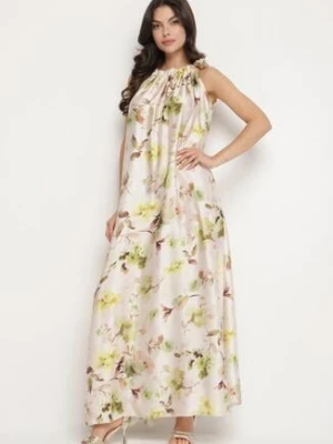 Zielona Satynowa Sukienka w Kwiaty Fenaresia