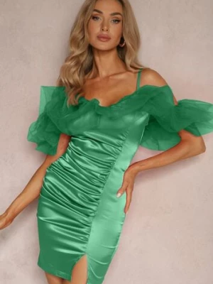 Zielona Satynowa Sukienka z Tiulowymi Falbankami i Marszczeniem na Ramiączkach Tinamell lovery