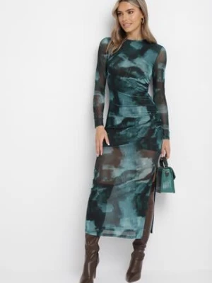 Zielona Siateczkowa Sukienka Maxi z Marszczeniem i Rozcięciem Valpuri by swan