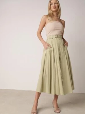 Zielona Spódnica Rozkloszowana z Bawełną i Paskiem oraz Kieszniami Jorlea