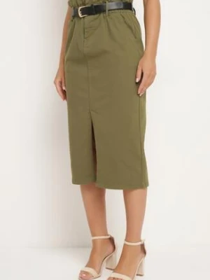 Zielona Spódnica z Bawełny z Wysokim Stanem Wykończona Gumką w Talii i Paskiem Crisianne elsa.m by may