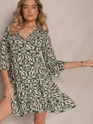 Zielona Sukienka Bawełniana o Rozkloszowanym Kroju w Etniczny Print Zalivine defox