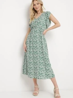 Zielona Sukienka Bawełniana z Gumką w Talii i Mozaikowym Wzorem Indaria defox