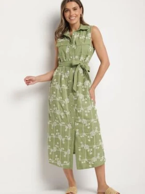 Zielona Sukienka Bez Rękawów o Koszulowym Kroju z Paskiem Zdobiona Haftem Fodarela rosa