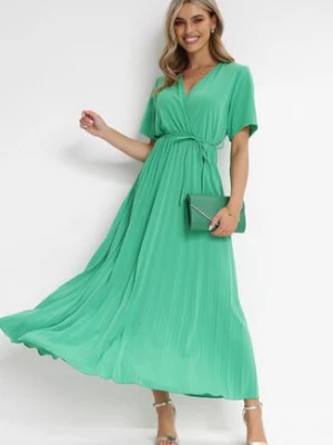 Zielona Sukienka Plisowana Maxi z Wiązanym Paskiem Dianiza
