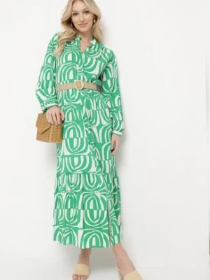 Zielona Sukienka Długa Rozkloszowana w Geometryczny Print o Koszulowym Kroju Verdana belcci