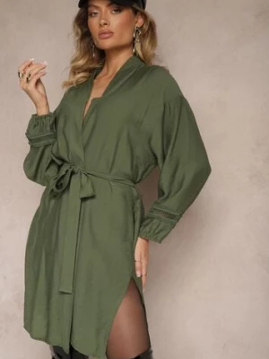 Zdjęcie produktu Zielona Sukienka Kimono z Wiskozy z Kieszeniami Zdobiona Ażurowymi Wstawkami Salithia