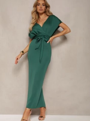 Zielona Sukienka Koktajlowa z Trójkątnym Dekoltem i Materiałowym Paskiem z Rozcięciem Wilni messaya