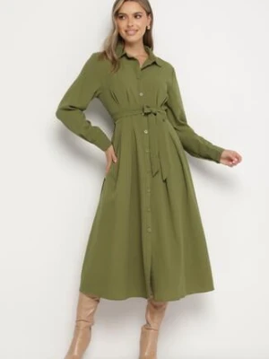 Zielona Sukienka Koszulowa o Rozkloszowanym Fasonie z Materiałowym Paskiem Nerisela unigirl